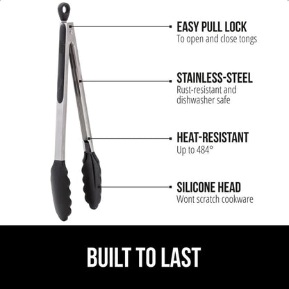 GORILLA GRIP Stainless Steel Bpa-Free Kitchen Tongs for Cooking, Heat Resistant BBQ Tong Set of 2, Non Scratch Silicone Tip for Pan, Strong Grip, Grab Food, Toss Salad, Pull Lock, 7+9 Inch, Black2