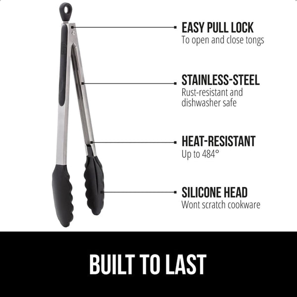 GORILLA GRIP Stainless Steel Kitchen Tongs for Cooking, 2 PK, Black2