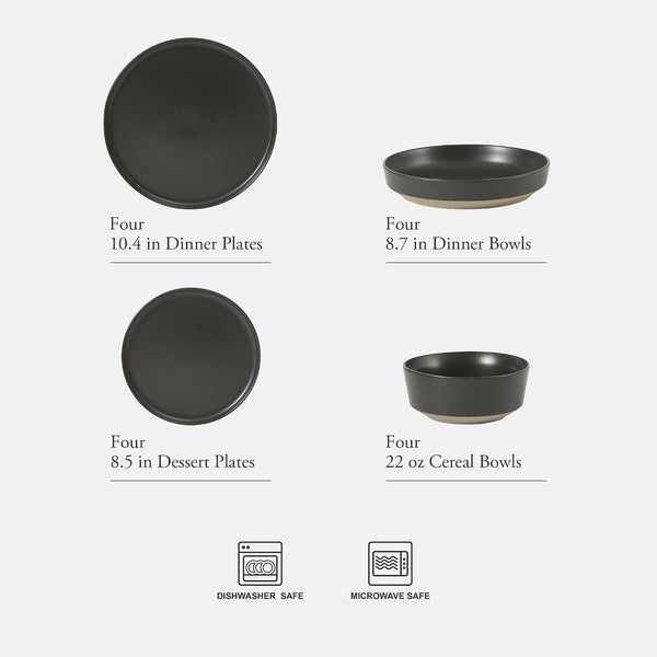 Overbrook 16-Piece Pottery Clay Stoneware Dinnerware Set – Black Reactive Glaze, Stackable Plates and Bowls W/Pasta Bowl, Service for 4 – Microwave & Dishwasher Safe3