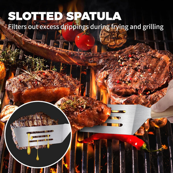 2PCS Stainless Steel Spatula,Wooden Handle Metal Spatula for Steak,Burgers5
