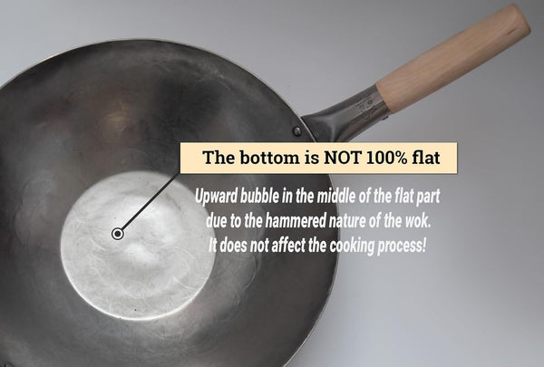 Flat Hand Hammered Carbon Steel Pow Wok with Wooden and Steel Helper Handle (14 Inch, Flat Bottom) / 731W3163