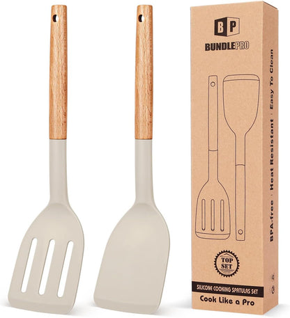 Pack of 2 Silicone Cooking Spatula, Heat Resistant Solid Turner, Non Stick Slotted Spatulas with Wooden Short Handle,Ideal Wood Kitchen Utensils Set for Frying, Baking, Flipping, Turning1