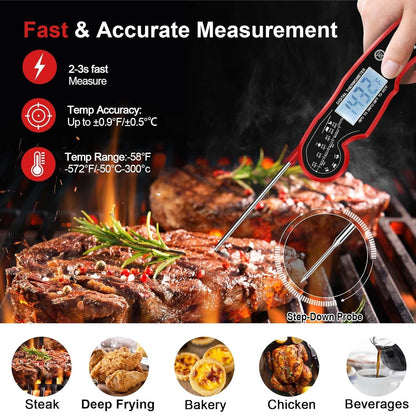 Meat Thermometer Digital for Grilling and Cooking -  Waterproof Ultra-Fast Instant Read Food Thermometers with Backlight & Calibration for Kitchen, Deep Fry, BBQ, Grill(Red/Black), LCD2