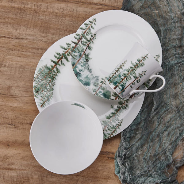 Watercolor Forest Bone China Lightweight Chip Resistant 16 Piece Dinnerware Set, Service for 4, White9