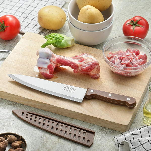 8 Inch Chef Knife, Razor Sharp Kitchen Knife with Protective Knife Sheath, Razor Sharp Slicing Knife with Ergonomic Handle, German Stainless Steel, Dishwasher Safe (Brown Color)6