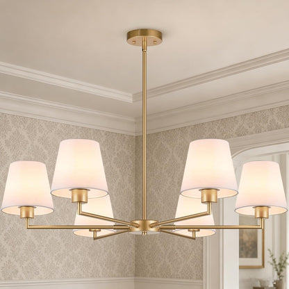 Brass Gold Chandeliers for Dining Room, 36" 6 Light No Assembly Required Antique Modern Gold Chandelier Light Fixture with White Fabric Shade, Classic Kitchen Pendant Lights over Table for Bedroom1