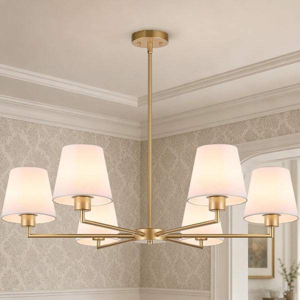 Brass Gold Chandeliers for Dining Room, 36" 6 Light No Assembly Required Antique Modern Gold Chandelier Light Fixture with White Fabric Shade, Classic Kitchen Pendant Lights over Table for Bedroom1