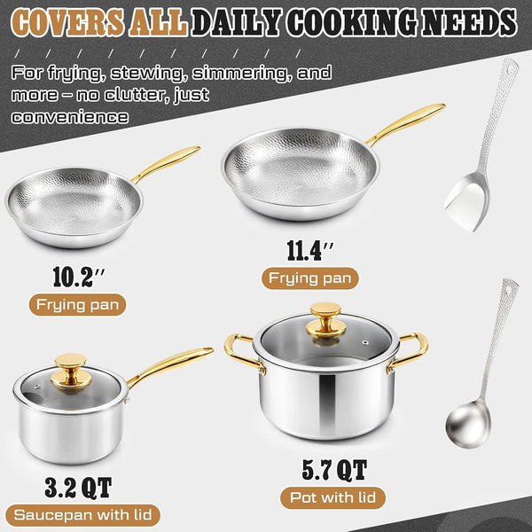 Titanium Pots and Pans Set,6 Pcs,Essential Cookware Set | Titanium Pans for Cooking with Lids, Spoon, Spatula, Triply Titanium No Coating for Induction, Cooktops, Safe up to 1000°F3
