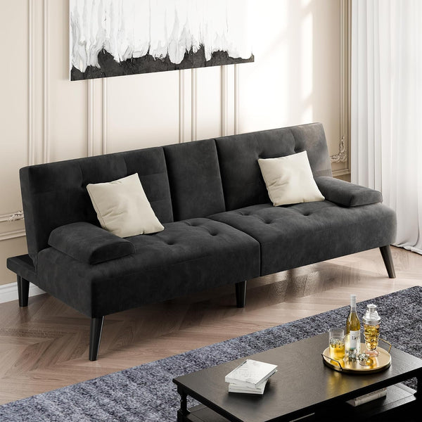 64" Futon Sofa Bed, Velvet Foldable Couch, Upholstered Loveseat Sofa Couch with Folding Cup Holders, Reclining Sleeper with Removable Armrests for Home, Office, Black1