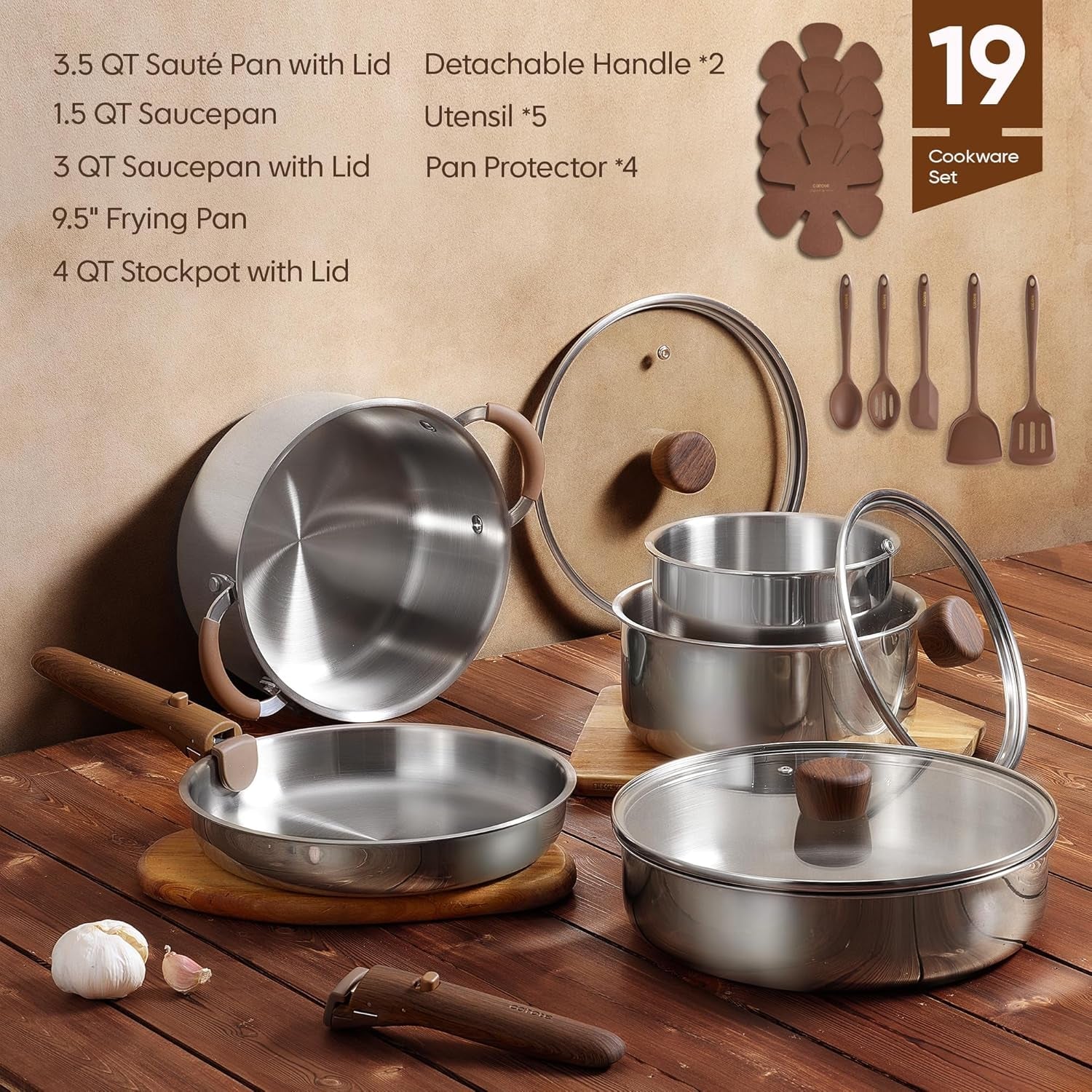 19pcs-tri-ply-stainless-steel-cookware-set-with-detachable-handle-pots-and-pans-set-even-heating-non-toxic-induction-compatible-dishwasher-oven-safe-space-saving-rv-cooking-woodgrain