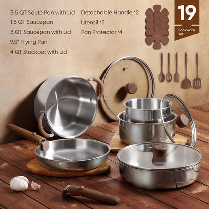 19Pcs Tri-Ply Stainless Steel Cookware Set with Detachable Handle | Pots and Pans Set, Even Heating, Non-Toxic, Induction Compatible, Dishwasher& Oven Safe, Space Saving, RV Cooking,Woodgrain2