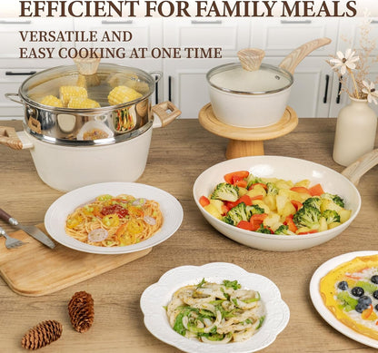 26Pcs Pots and Pans Nonstick Ceramic Cookware Set Nontoxic Kitchen Cooking Set with Steamers Utensils Induction Compatible, PFAS/PFOA Free, Oven and Dishwasher Safe, Cream White6