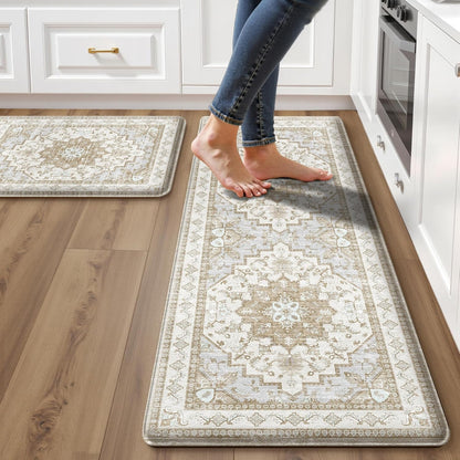 Boho Kitchen Mats for Floor 2PC anti Fatigue Kitchen Rugs, Beige Tan | 17.3"X47"+17.3"X28", PVC Cushioned Comfort, Waterproof Wipe Clean, Non-Slip, 2/5 Inch Farmhouse Standing Mat for Laundry1