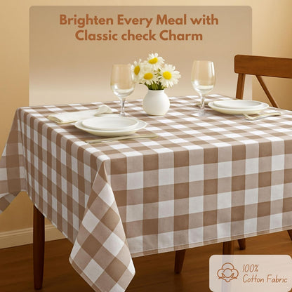 Buffalo Check Tablecloth, 100% Cotton, 60X102 Inches, Rustic Farmhouse Dining Table Cover, Perfect for Everyday Dining, Baby Showers, Fall Décor, Indoor Outdoor Use, Beige and White9