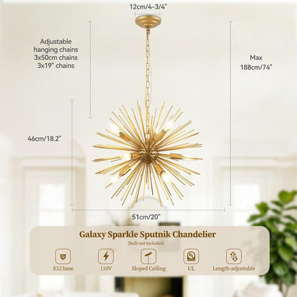 20In 9-Lights Gold Sputnik Chandelier Modern Mid-Century Starburst4