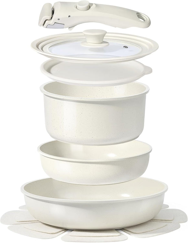Ceramic Pots and Pans Set Non Stick, Nonstick Detachable Handle Cookware Sets, Healthy Non Toxic PFAS PFOA & PTFE Free, Dishwasher ＆Oven Safe, Induction Kitchen Pot and Pan, 8 Piece Cream1