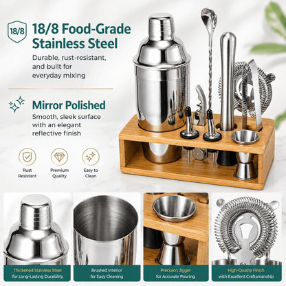 Cocktail Shaker Set, 18/8 Food-Grade Stainless Steel Mixology Bartender Kit 10-Piece Bar Tools with Stylish Bamboo Stand - Rust-Proof & Dishwasher Safe - Professional Martini Shaker Gift for Men, Dad3