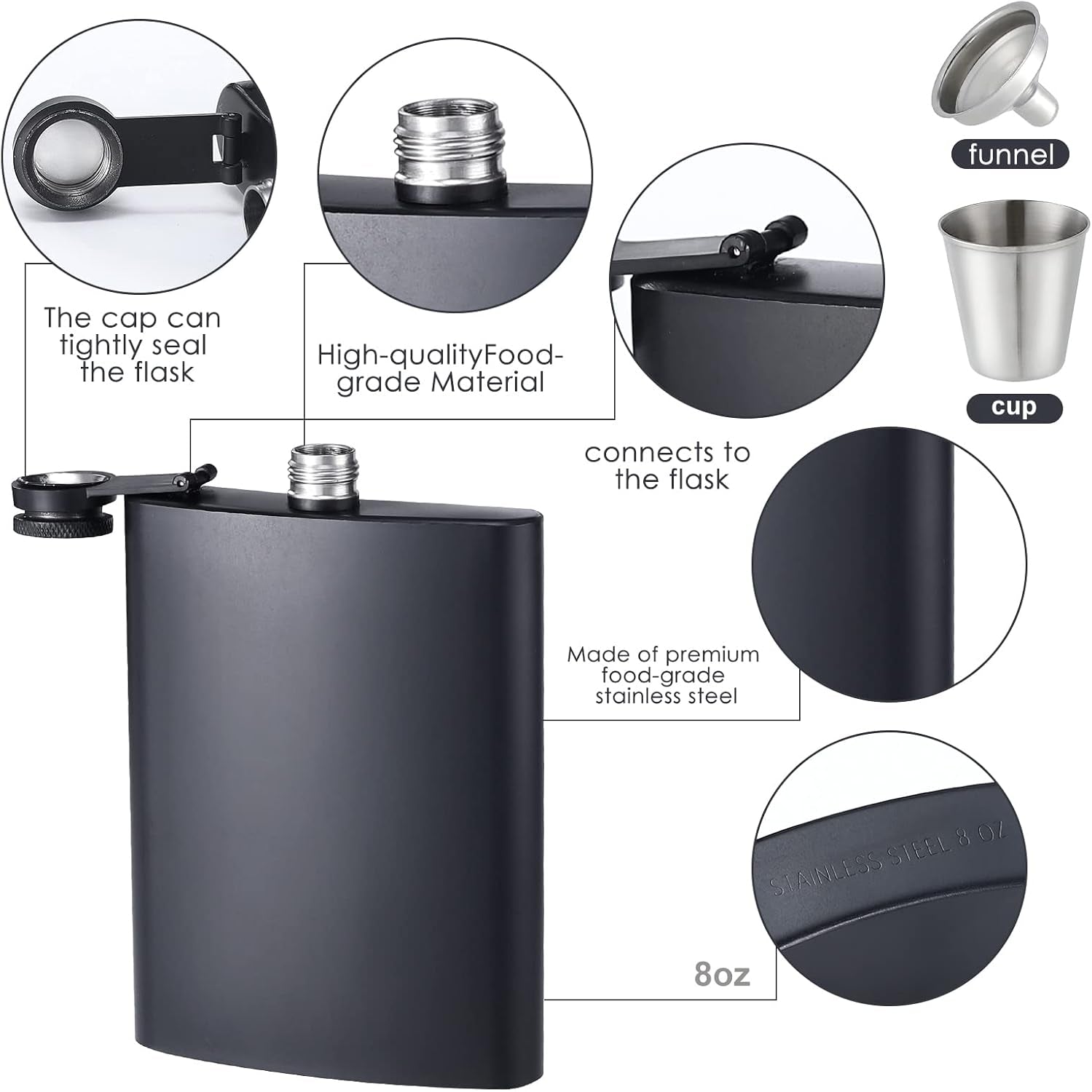 romorc-2-pack-hip-flasks-for-liquor-matte-black-8-oz-stainless-steel-leak-proof-thin-flasks-with-2pcs-funnels-and-cups-for-wedding-party-groomsman-bridesmaid-gift-black