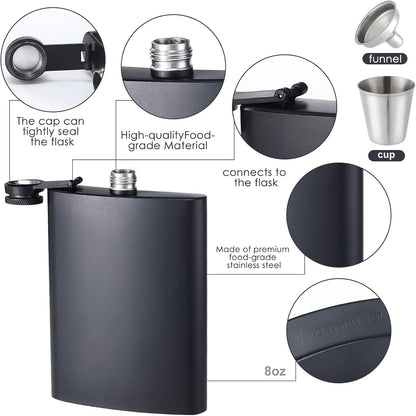 ROMORC 2 Pack Hip Flasks for Liquor Matte Black 8 Oz Stainless Steel Leak-Proof Thin Flasks with 2Pcs Funnels and Cups for Wedding Party, Groomsman, Bridesmaid, Gift (Black)4