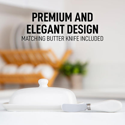 Ceramic Butter Dish with Lid for Countertop & Stainless Steel Knife – Keeps Butter Soft & Fresh – White Butter Dish with Easy-Grip Knob, Durable & Everyday Butter Holder for Home - White6