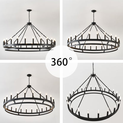 53 Inch Large Black Wagon Wheel Chandelier,Farmhouse Industrial Country Style round Pendant Light Fixture,Round Ceiling Light Fixtures for Outdoor Porch High Ceilings Living Foyer Entryway8
