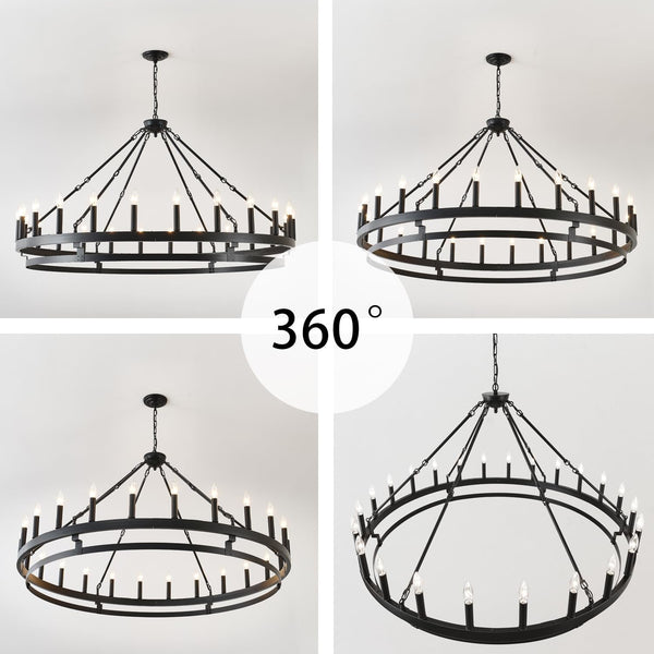 53 Inch Large Black Wagon Wheel Chandelier,Farmhouse Industrial Country Style round Pendant Light Fixture,Round Ceiling Light Fixtures for Outdoor Porch High Ceilings Living Foyer Entryway8