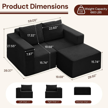 Sectional Couches for Living Room, Boneless Couch with Ottoman, Comfy Fluffy Cloud Couch with Deep Seat, Modular Sectional Sofa with Side Pockets, No Assembly L Shaped Couch, Corduroy2