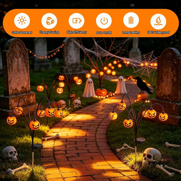 Halloween Solar Lights Outdoor, 2 Pack Waterproof Pumpkin Stake Lights2