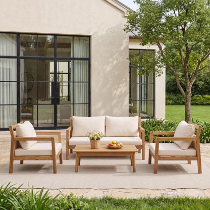 Pablo 4-Seater Patio Furniture Set with Removable Cushion, 4 Piece Outdoor Acacia Wood Conversation Set, Wooden Outdoor Sectional Sofa Set with Coffee Table,Light Teak+Beige3