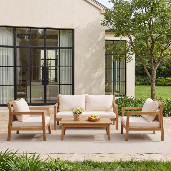 Pablo 4-Seater Patio Furniture Set with Removable Cushion, 4 Piece Outdoor Acacia Wood Conversation Set, Wooden Outdoor Sectional Sofa Set with Coffee Table,Light Teak+Beige3