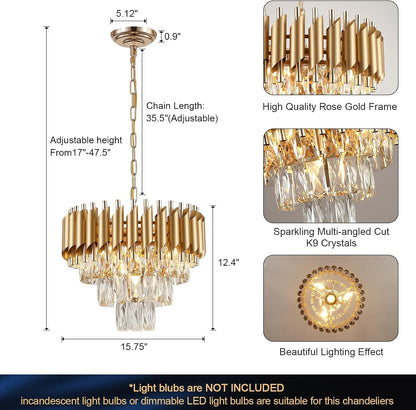 Gold Crystal Chandelier 16”Modern Ceiling Dining Room Pendant Light Fixtur7