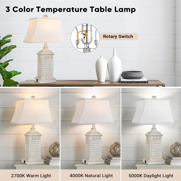 Coastal Table Lamps Set of 2, Beach Living Lamps for Bedroom with USB A+C, Washed White Modern Resin LED 3-Color Temperature Bedside Nautical Decor, Nightstand Tropical Lamps for End Table.2
