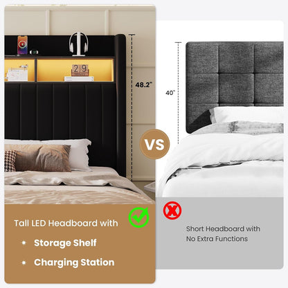 Full Size Platform Bed Frame / 2-Tier Storage Shelf/Velvet Wingback Upholstered Headboard/Led Lights and Charging Station/No Box Spring Needed/Noise-Free/Easy Assembly/Black7
