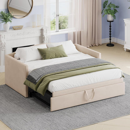 Twin-To-King Velvet Daybed with Extended Pop-Up Trundle, Beige1