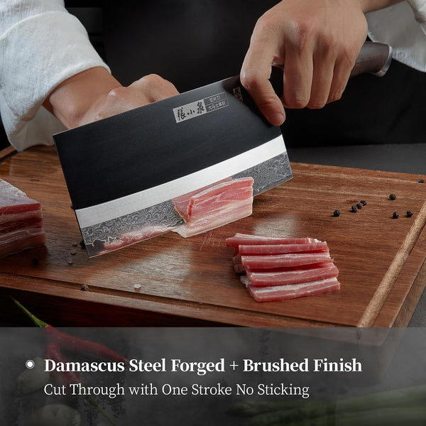 ZHANG XIAO QUAN Professional Meat Cleaver Knife Damascus Steel, Heavy Duty Kitchen Knife with Ultra Sharp Blade, Comfortable Ergonomic Wooden Handle(Black)5