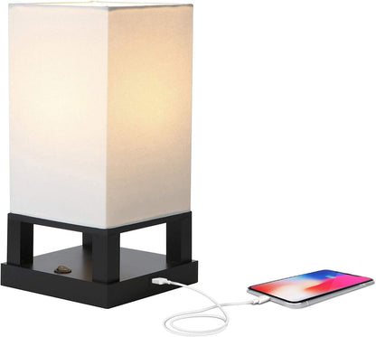 Maxwell Bedside Lamp with USB Port – Compact Table Lamp for Bedroom, Living Room - Modern Asian Nightstand Lamp with Wood Frame - LED Bulb, Soft Light - Black1