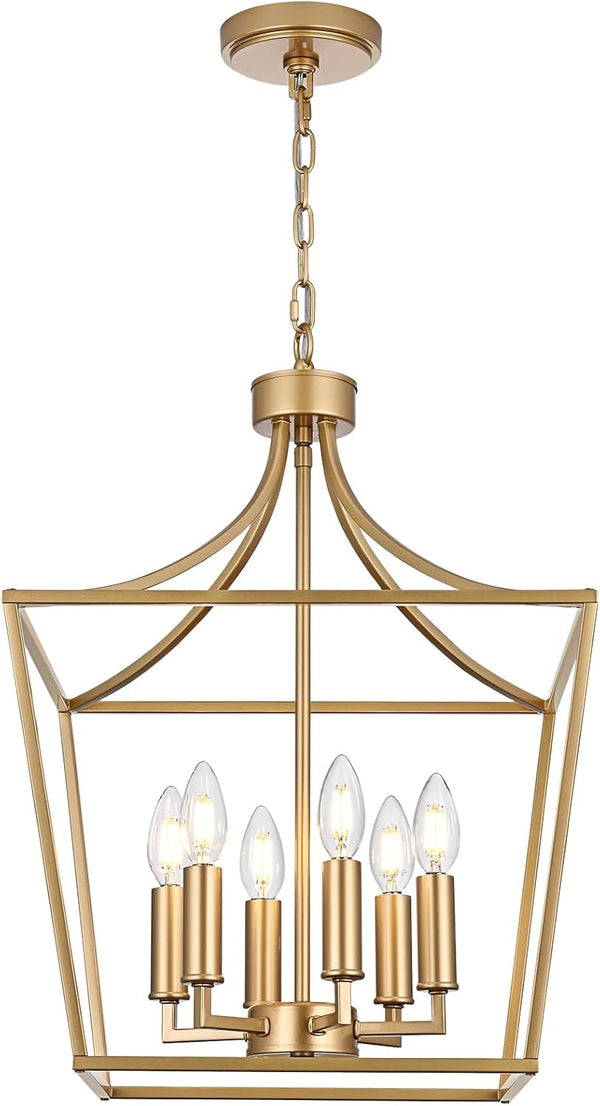 6-Light Gold Large Cage Chandelier, Modern Pendant Light Fixtures Kitchen Island Lighting for Foyer Hallway Entryway, E12 Bulb Base9