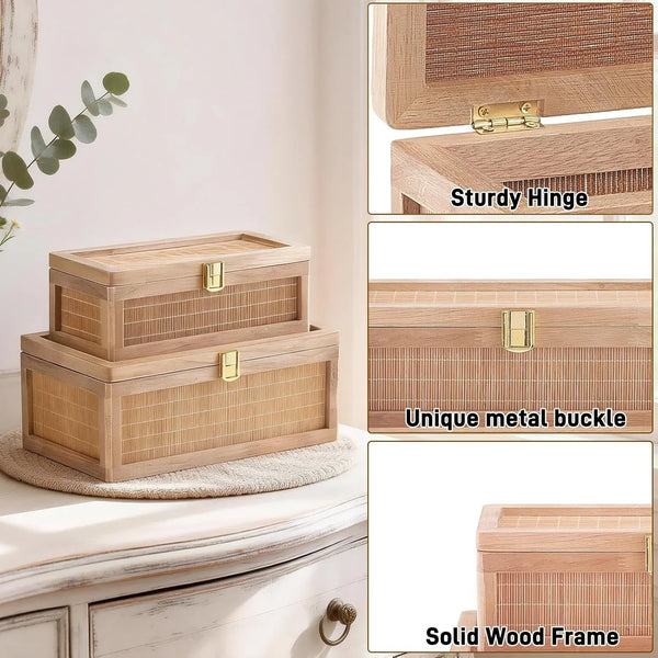 Natural Bamboo Decorative Box with Lids, Unique Decorative Boxes Set of 2, Boho Wedding Keepsake Box, Memory Box with Lid for Crafts, Trinkets and Photo Storage3