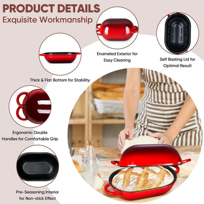 Enameled Cast Iron Bread Loaf Pan, 2 QT Oval Dutch Oven with Lid | for Sourdough Bread Baking, Enameled Meatloaf Loaf Baking Pan with Lid, Even Heat Distribution & Self-Basting, Red4