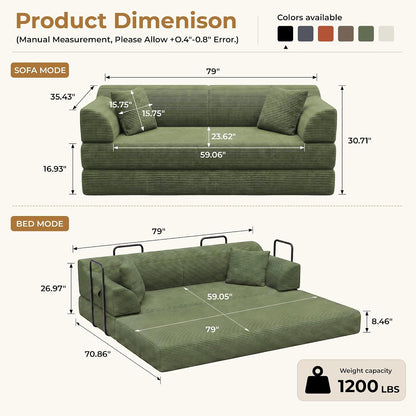 79'' Convertible Futon Sofa Bed, High‑Back Boneless Couches for Living Room2