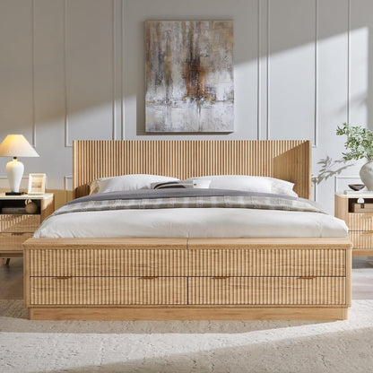 Fluted King Bed with Headboard and Storage Bench, Natural Oak3