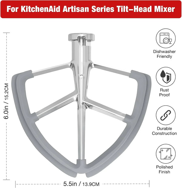4.5-5QT Stainless Steel Flex Edge Beater for Kitchenaid Classic & Artisan Tilt-Head Stand Mixers. Fits for K45SS, KSM75, KSM90. Paddle with Silicone Edges Scraper, Dishwasher Safe.4