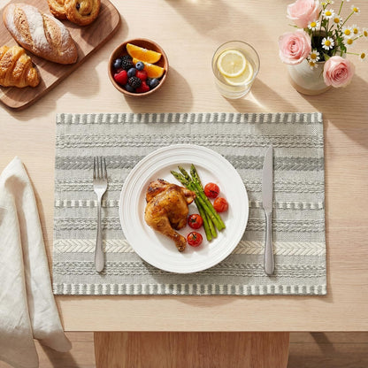 Dark Grey Farmhouse Woven Braided Stripe Placemats Set of 4,12X18 Inch Seasonal Holiday Table Mats Party Kitchen Dining Decoration2