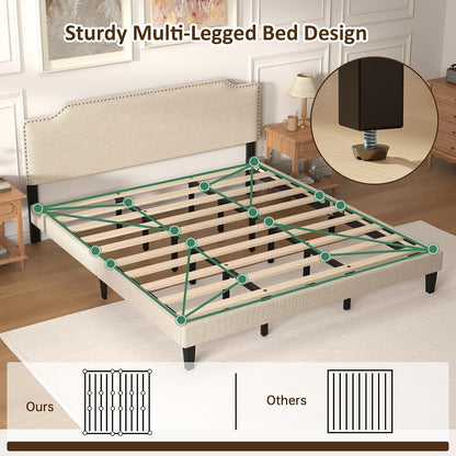 King Size Bed Frame with Upholstered Headboard, Wood Platform Bed with Soft Linen Adjustable Headboard | Elegant Studded Design | Wooden Slats | No Box Spring Needed, King Bed Frame Beige6