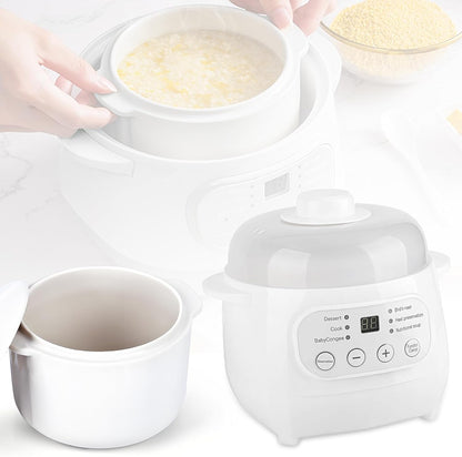 White 1L Mini Slow Cooker with Steamer Basket, 24-Hour Timer and Automatic Keep-Warm Function, 200W Smart Ceramic Electric Slow Cooker, Kitchen Cooking Appliance1