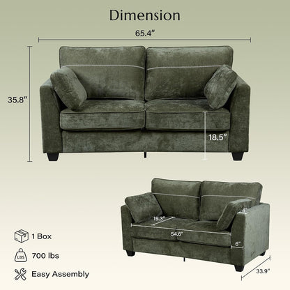 65.4" Loveseat Sofa, Chenille Love Seat with 2 Pillows, Green2