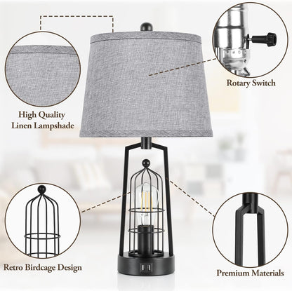 Farmhouse Table Lamps with 2 USB Ports, Set of 2 Rustic Industrial Desk Lamp for Living Room, 2-Light Black Bedside Lamp, Bedroom Nightstand Lamp with Gray Lampshade for House Decor, Reading3
