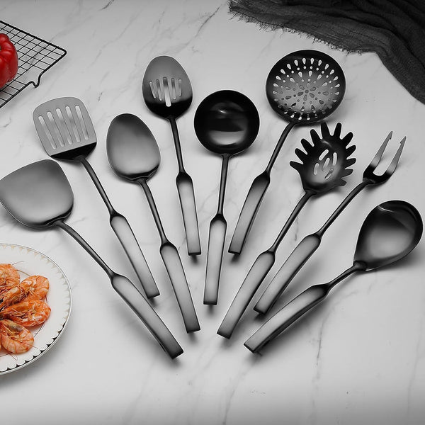 Kitchen Utensil Set, 9-Piece Cooking Utensil Set,Include 304 Stainless Steel Spatula Skimmer, Soup Ladle, Spaghetti Server,Slotted & Solid Spoon, Slotted Spatula Turner, Meat Fork(Black）5