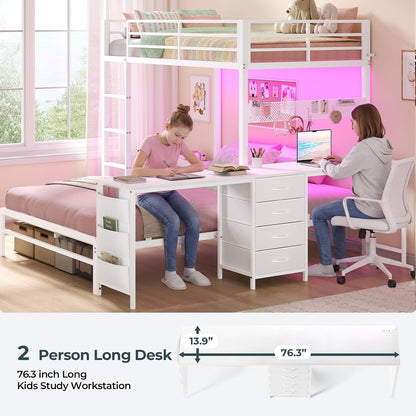 Bunk Bed Twin over Full with Drawers, 2 Person Desk, White3