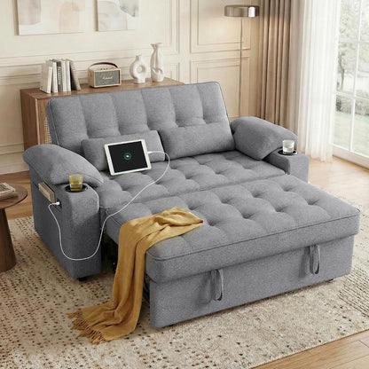 58'' Convertible Sofa Bed with USB Charger and Cup Holders, Teddy Fabric Loveseat Pull Out Couch with Adjustable Backrest and Side Pocket for Small Space(Grey)1